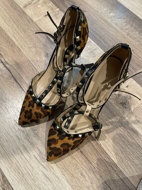 Wild Diva Leopard Print Studded Pointed-Toe Ankle Strap Pumps - Brown
